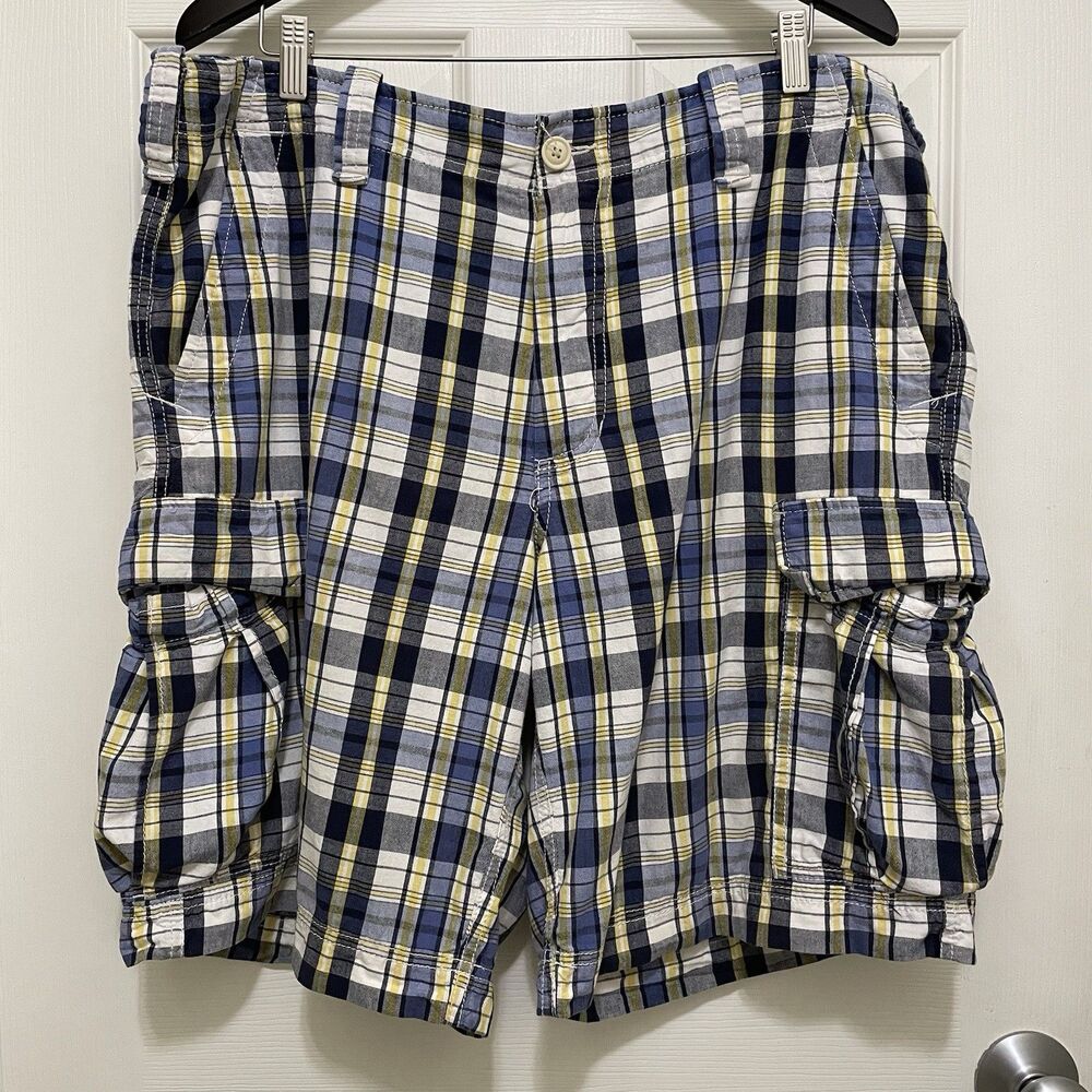 Polo Jeans Ralph Lauren Plaid Khaki Cargo Shorts Blue Yellow‎ 100% Cotton Sz 38